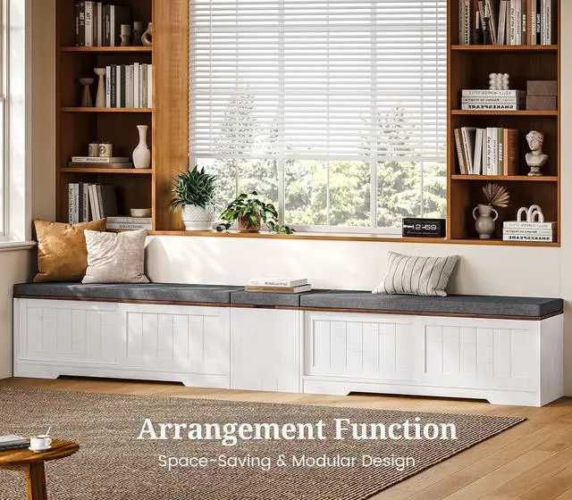Alt view image 4 of 7 - Farmhouse L Shaped Corner Shoe Storage Bench with Cushion Entryway Shoe Rack with Slide Barn Doors, Adjustable Shelf and 1 Cabinet for Entryway Dining Room, Kitchen, Bedroom (White-Brown)