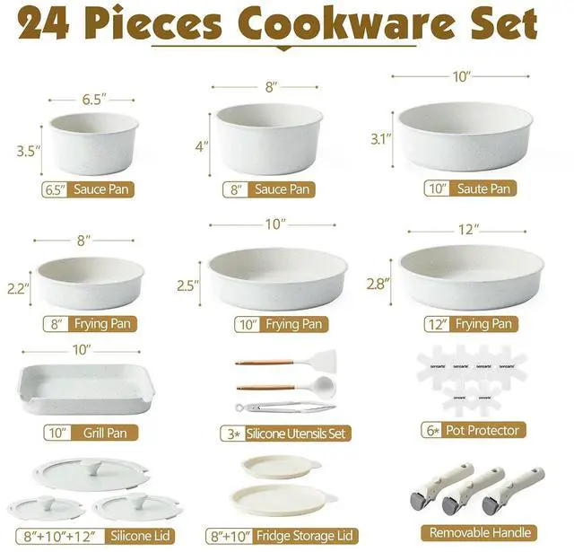 Alt view image 2 of 7 - 24 Piece Pots and Pans Set,Healthy Non Stick,with Removable Handle,4.5QT Ceramic Nonstick Stock Pot with Lid,PFOA PFAS PTFE Free