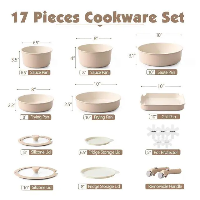 Alt view image 2 of 7 - 17 Piece Ceramic Pots and Pans Set,Dishwasher Oven Safe,SENSARTE 4.5QT Ceramic Nonstick Stock Pot with Lid,PFOA PFAS PTFE Free