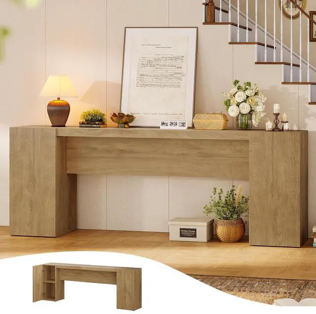 Main image of 70.9-Inch Extra Long Console Table with 2 Storage Cabinet, Wood Sofa Table Behind Couch, Accent Entryway Table with Double Base for Living Room Hallway Foyer Entrance (Natural Oak)