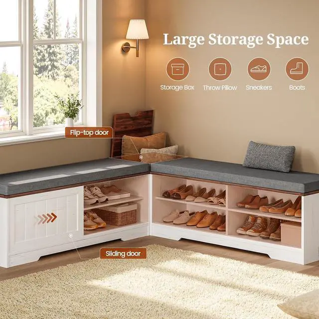 Alt view image 6 of 7 - Farmhouse L Shaped Corner Shoe Storage Bench with Cushion Entryway Shoe Rack with Slide Barn Doors, Adjustable Shelf and 1 Cabinet for Entryway Dining Room, Kitchen, Bedroom (White-Brown)
