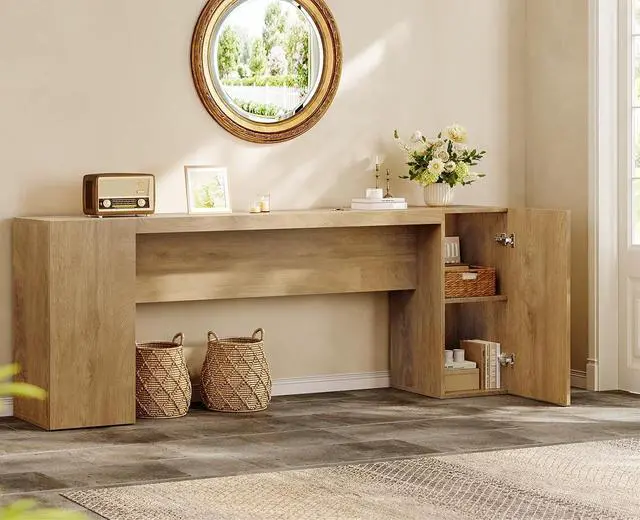 Alt view image 3 of 7 - 70.9-Inch Extra Long Console Table with 2 Storage Cabinet, Wood Sofa Table Behind Couch, Accent Entryway Table with Double Base for Living Room Hallway Foyer Entrance (Natural Oak)