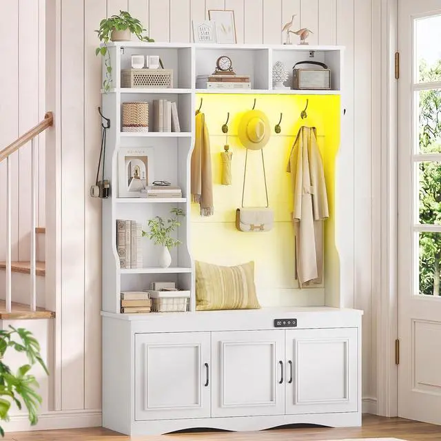 Main image of Hall Tree with Deodorizing, Entryway Bench Shoe Storage, Coat Racks, Led Lights, 7 Coat Hooks, 7 Storage Cubbies, Adjustable Shelf (White)