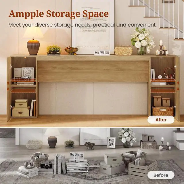 Alt view image 6 of 7 - 70.9-Inch Extra Long Console Table with 2 Storage Cabinet, Wood Sofa Table Behind Couch, Accent Entryway Table with Double Base for Living Room Hallway Foyer Entrance (Natural Oak)