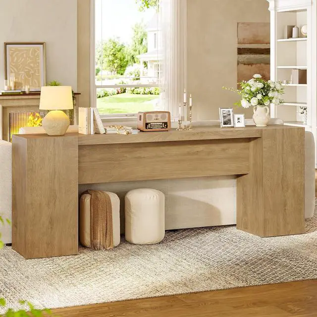 Alt view image 4 of 7 - 70.9-Inch Extra Long Console Table with 2 Storage Cabinet, Wood Sofa Table Behind Couch, Accent Entryway Table with Double Base for Living Room Hallway Foyer Entrance (Natural Oak)