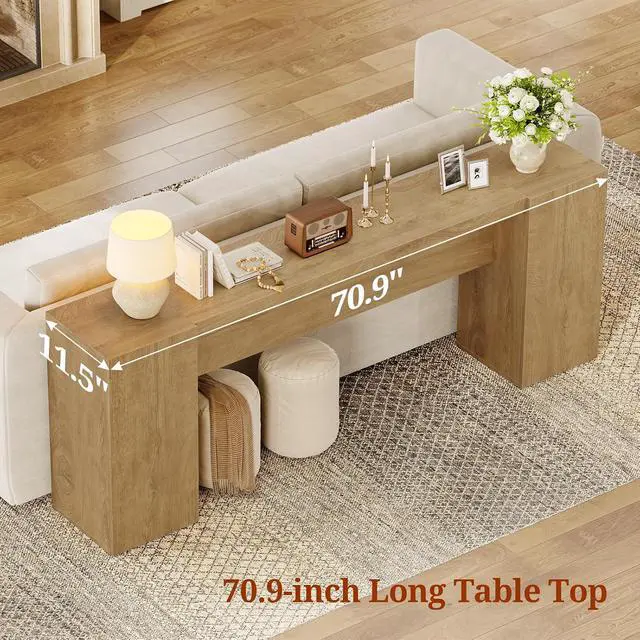 Alt view image 5 of 7 - 70.9-Inch Extra Long Console Table with 2 Storage Cabinet, Wood Sofa Table Behind Couch, Accent Entryway Table with Double Base for Living Room Hallway Foyer Entrance (Natural Oak)