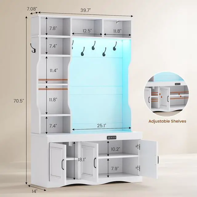 Alt view image 2 of 7 - Hall Tree with Deodorizing, Entryway Bench Shoe Storage, Coat Racks, Led Lights, 7 Coat Hooks, 7 Storage Cubbies, Adjustable Shelf (White)