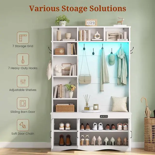 Alt view image 4 of 7 - Hall Tree with Deodorizing, Entryway Bench Shoe Storage, Coat Racks, Led Lights, 7 Coat Hooks, 7 Storage Cubbies, Adjustable Shelf (White)