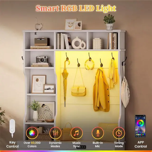 Alt view image 5 of 7 - Hall Tree with Deodorizing, Entryway Bench Shoe Storage, Coat Racks, Led Lights, 7 Coat Hooks, 7 Storage Cubbies, Adjustable Shelf (White)