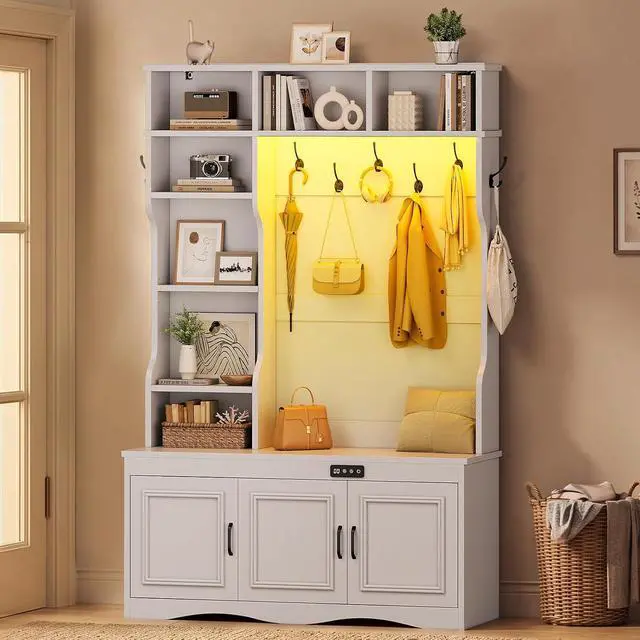 Alt view image 7 of 7 - Hall Tree with Deodorizing, Entryway Bench Shoe Storage, Coat Racks, Led Lights, 7 Coat Hooks, 7 Storage Cubbies, Adjustable Shelf (White)