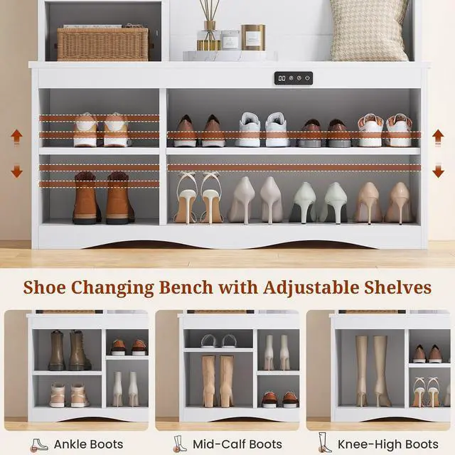 Alt view image 6 of 7 - Hall Tree with Deodorizing, Entryway Bench Shoe Storage, Coat Racks, Led Lights, 7 Coat Hooks, 7 Storage Cubbies, Adjustable Shelf (White)