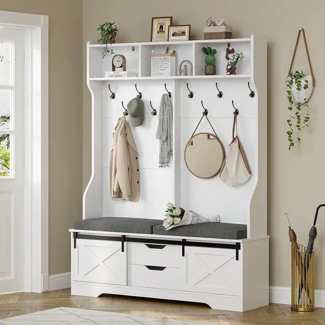 Main image of Hall Tree with Bench and Shoe Storage, Entryway Bench with Coat Rack, Modern Farm House Barn Door 3-in-1 Hall Tree with Storage Cushioned Stool and Hooks for Hallway, Living Room (60IN)