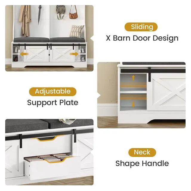 Alt view image 2 of 7 - Hall Tree with Bench and Shoe Storage, Entryway Bench with Coat Rack, Modern Farm House Barn Door 3-in-1 Hall Tree with Storage Cushioned Stool and Hooks for Hallway, Living Room (60IN)