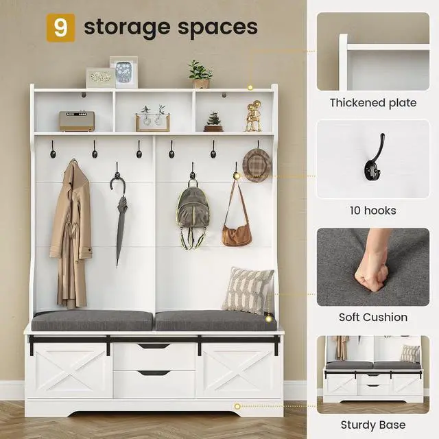 Alt view image 3 of 7 - Hall Tree with Bench and Shoe Storage, Entryway Bench with Coat Rack, Modern Farm House Barn Door 3-in-1 Hall Tree with Storage Cushioned Stool and Hooks for Hallway, Living Room (60IN)