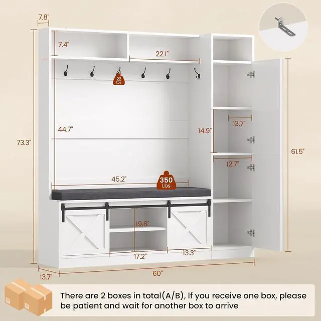 Alt view image 2 of 7 - Hall Tree with Bench and Shoe Storage, Entryway Coat Rack with Tall Mirror, Farm House Barn Door 4-in-1 Hall Tree with Storage Cushioned Stool and Hooks for Hallway, Living Room, (60IN,With Mirror)