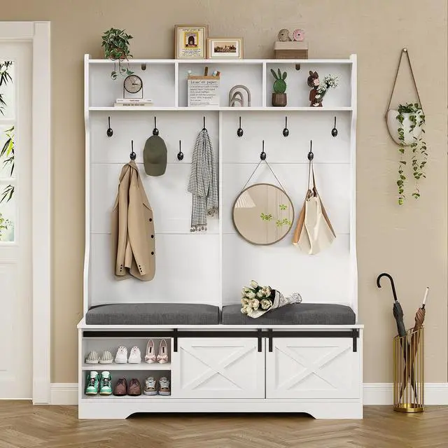 Alt view image 6 of 7 - Hall Tree with Bench and Shoe Storage, Entryway Bench with Coat Rack, Modern Farm House Barn Door 3-in-1 Hall Tree with Storage Cushioned Stool and Hooks for Hallway, Living Room (60IN)