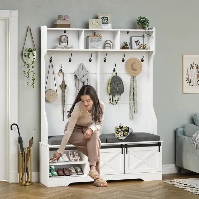 Alt view image 7 of 7 - Hall Tree with Bench and Shoe Storage, Entryway Bench with Coat Rack, Modern Farm House Barn Door 3-in-1 Hall Tree with Storage Cushioned Stool and Hooks for Hallway, Living Room (60IN)
