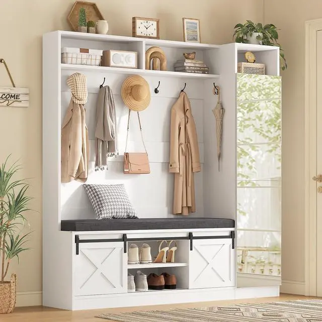 Main image of Hall Tree with Bench and Shoe Storage, Entryway Coat Rack with Tall Mirror, Farm House Barn Door 4-in-1 Hall Tree with Storage Cushioned Stool and Hooks for Hallway, Living Room, (60IN,With Mirror)