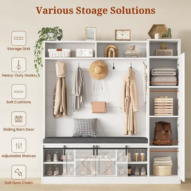 Alt view image 3 of 7 - Hall Tree with Bench and Shoe Storage, Entryway Coat Rack with Tall Mirror, Farm House Barn Door 4-in-1 Hall Tree with Storage Cushioned Stool and Hooks for Hallway, Living Room, (60IN,With Mirror)