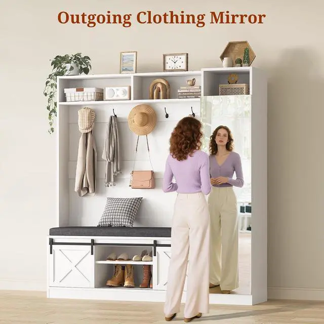 Alt view image 6 of 7 - Hall Tree with Bench and Shoe Storage, Entryway Coat Rack with Tall Mirror, Farm House Barn Door 4-in-1 Hall Tree with Storage Cushioned Stool and Hooks for Hallway, Living Room, (60IN,With Mirror)