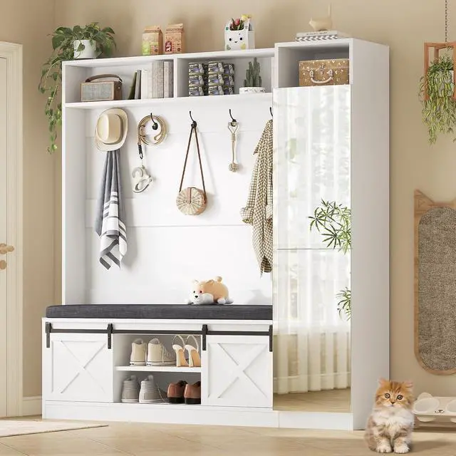 Alt view image 7 of 7 - Hall Tree with Bench and Shoe Storage, Entryway Coat Rack with Tall Mirror, Farm House Barn Door 4-in-1 Hall Tree with Storage Cushioned Stool and Hooks for Hallway, Living Room, (60IN,With Mirror)