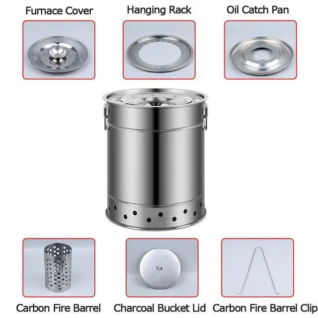 Alt view image 6 of 7 - Portable Charcoal BBQ Grill Stainless Steel Smoke-Free Charcoal BBQ Indoor & Outdoor Hanging Smothered Oven Vertical Charcoal Grills for Outdoor Cooking Grilling