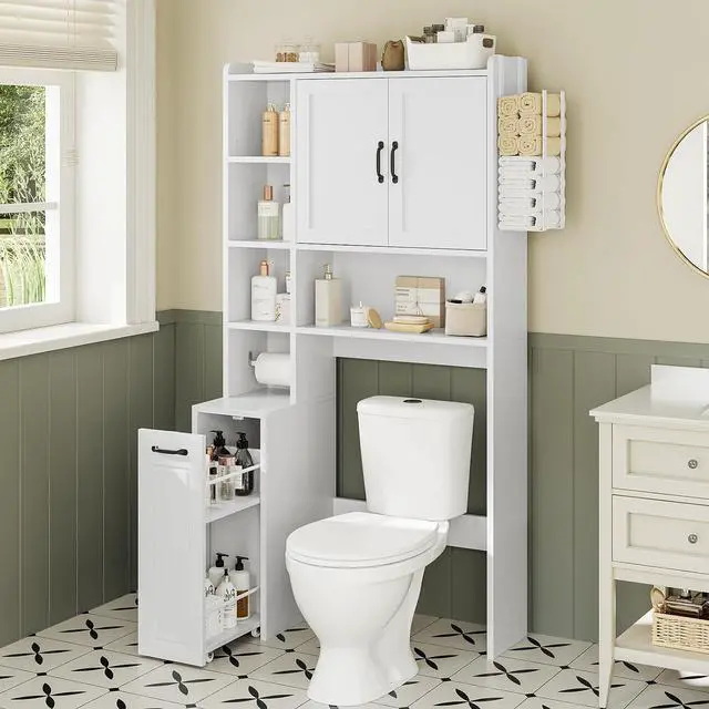Main image of Over The Toilet Storage Cabinet with Pulley Small Bathroom Storage Cabinet, Space Saver W/Adjustable Shelf & Towel Rack for Bathroom, Restroom, Laundry (White-Type B)