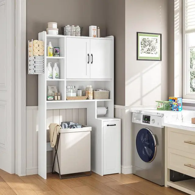 Alt view image 3 of 7 - Over The Toilet Storage Cabinet with Pulley Small Bathroom Storage Cabinet, Space Saver W/Adjustable Shelf & Towel Rack for Bathroom, Restroom, Laundry (White-Type B)