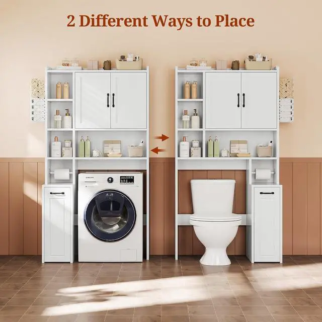 Alt view image 4 of 7 - Over The Toilet Storage Cabinet with Pulley Small Bathroom Storage Cabinet, Space Saver W/Adjustable Shelf & Towel Rack for Bathroom, Restroom, Laundry (White-Type B)