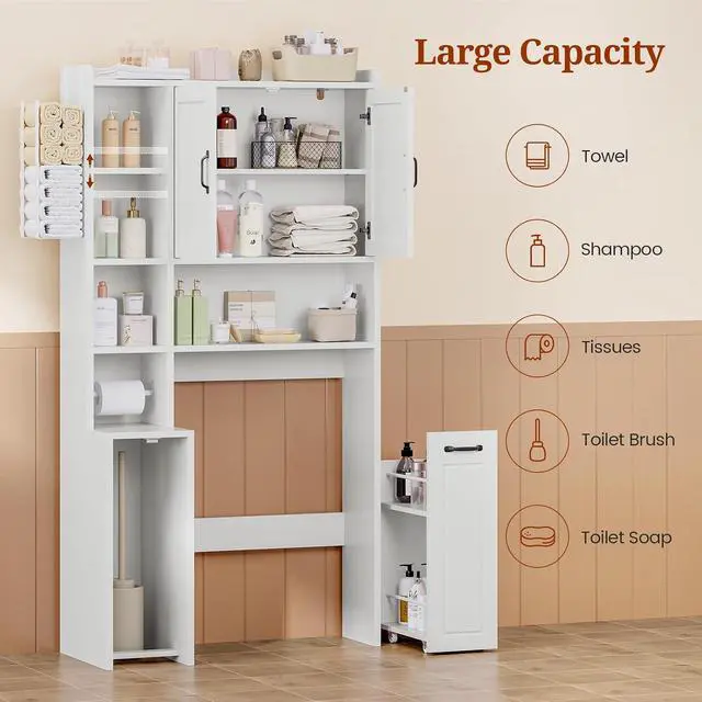 Alt view image 5 of 7 - Over The Toilet Storage Cabinet with Pulley Small Bathroom Storage Cabinet, Space Saver W/Adjustable Shelf & Towel Rack for Bathroom, Restroom, Laundry (White-Type B)