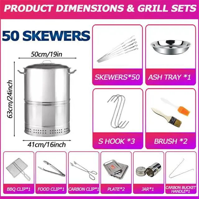 Alt view image 2 of 7 - Large Portable Charcoal Grills, Stainless Charcoal BBQ Grill Barrel 360° Smokeless Outdoor Barbecue Grill for Travel, Outdoor Cooking and BBQ, Camping Grill Picnic Patio Backyard