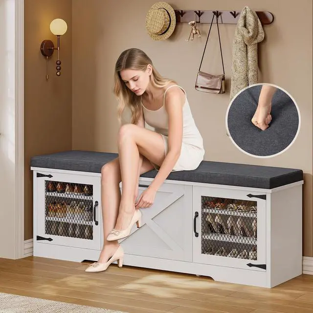 Alt view image 3 of 7 - Farmhouse Storage Bench with Flip Drawers & Padded Seat Cushion, Half Hidden Shoe Rack Organizer, Adjustable Shelf Shoe Cabinet for Entryway, Bedroom, Living Room (White, 57IN)
