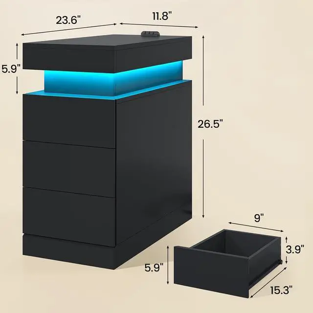 Alt view image 2 of 7 - Narrow Nightstand Charging Station, End Table with Sliding Top, 3 Drawers Bedside Tables for Living Room Bedroom, Night Stand for Small Space (Black)