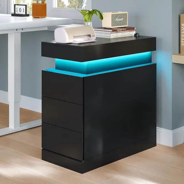 Alt view image 6 of 7 - Narrow Nightstand Charging Station, End Table with Sliding Top, 3 Drawers Bedside Tables for Living Room Bedroom, Night Stand for Small Space (Black)