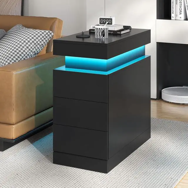 Alt view image 7 of 7 - Narrow Nightstand Charging Station, End Table with Sliding Top, 3 Drawers Bedside Tables for Living Room Bedroom, Night Stand for Small Space (Black)