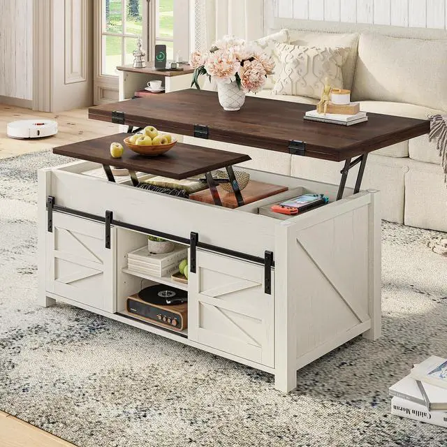 Main image of Lift Top Coffee Table for Living Room with 4 Sliding Barn Doors, 4 in 1 Farmhouse Coffee Table with Adjustable Shelves and Hidden Storage Compartment, Converts to Dining Table (Brown White)