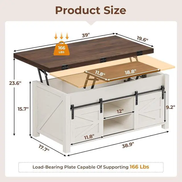 Alt view image 2 of 7 - Lift Top Coffee Table for Living Room with 4 Sliding Barn Doors, 4 in 1 Farmhouse Coffee Table with Adjustable Shelves and Hidden Storage Compartment, Converts to Dining Table (Brown White)