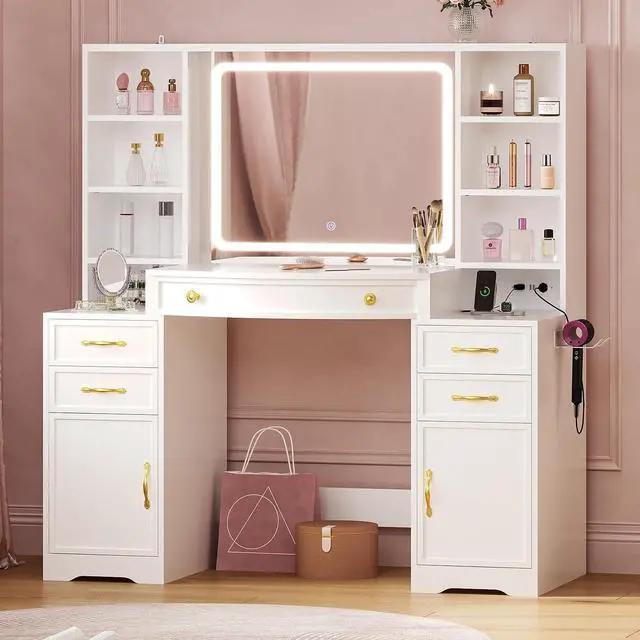 Main image of 47.2" Large Vanity Table with LED Mirror, Make Up Vanity with Built-in Charging Station,5 Drawers,2 Cabinets,6 Open Shelves (2 Adjustable) & Hairdryer Rack, Vanity Desk for Bedroom