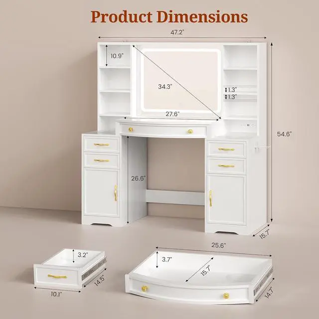 Alt view image 2 of 7 - 47.2" Large Vanity Table with LED Mirror, Make Up Vanity with Built-in Charging Station,5 Drawers,2 Cabinets,6 Open Shelves (2 Adjustable) & Hairdryer Rack, Vanity Desk for Bedroom