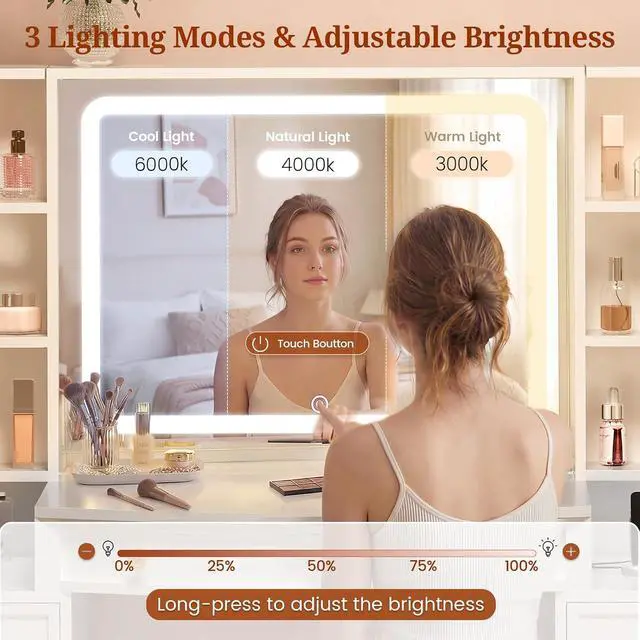 Alt view image 3 of 7 - 47.2" Large Vanity Table with LED Mirror, Make Up Vanity with Built-in Charging Station,5 Drawers,2 Cabinets,6 Open Shelves (2 Adjustable) & Hairdryer Rack, Vanity Desk for Bedroom