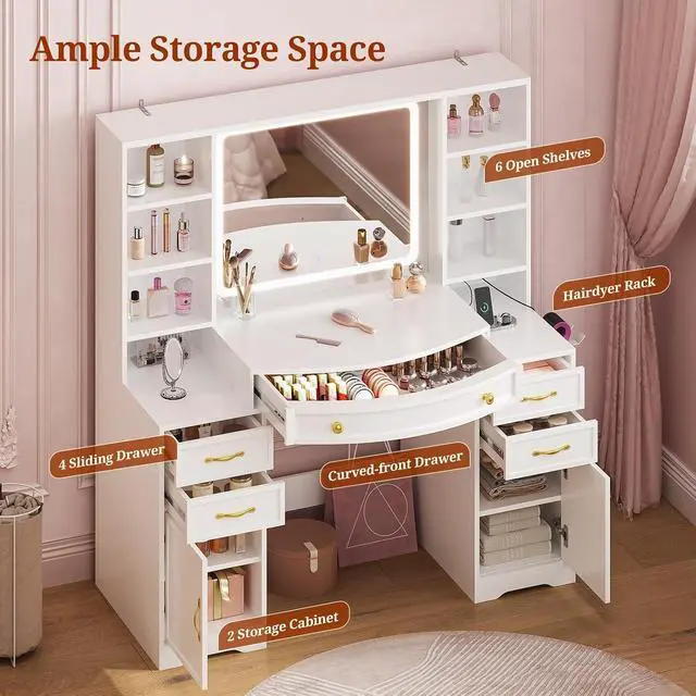 Alt view image 4 of 7 - 47.2" Large Vanity Table with LED Mirror, Make Up Vanity with Built-in Charging Station,5 Drawers,2 Cabinets,6 Open Shelves (2 Adjustable) & Hairdryer Rack, Vanity Desk for Bedroom