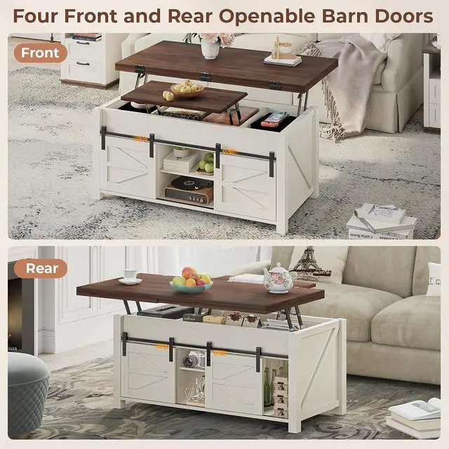 Alt view image 3 of 7 - Lift Top Coffee Table for Living Room with 4 Sliding Barn Doors, 4 in 1 Farmhouse Coffee Table with Adjustable Shelves and Hidden Storage Compartment, Converts to Dining Table (Brown White)