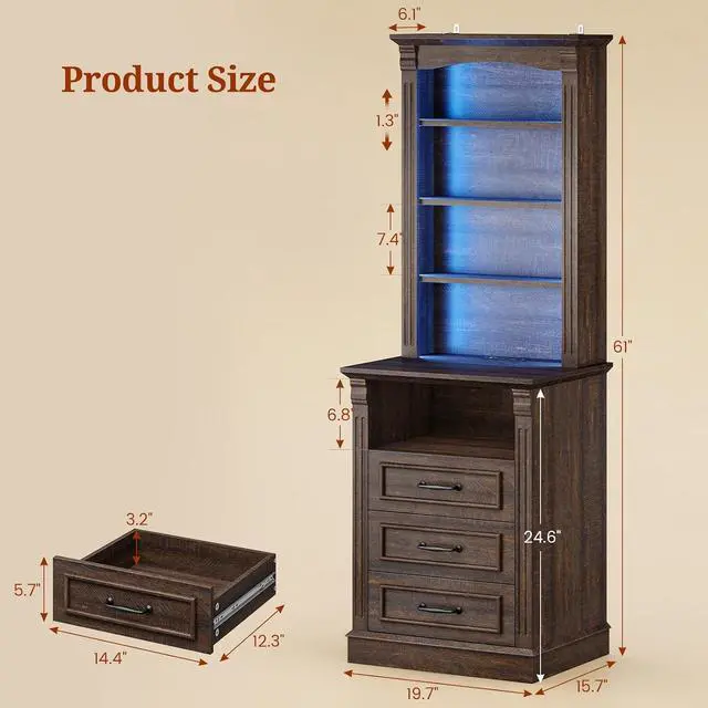 Alt view image 2 of 7 - 61" Tall Modern Nightstand with 3 Drawers,Built-in Charging Station,LED Light, 3 Adjustable Shelves,Roman Column, End Table for Bedroom, (Walnut)