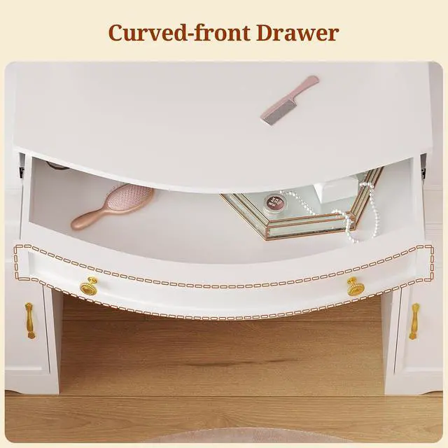 Alt view image 6 of 7 - 47.2" Large Vanity Table with LED Mirror, Make Up Vanity with Built-in Charging Station,5 Drawers,2 Cabinets,6 Open Shelves (2 Adjustable) & Hairdryer Rack, Vanity Desk for Bedroom