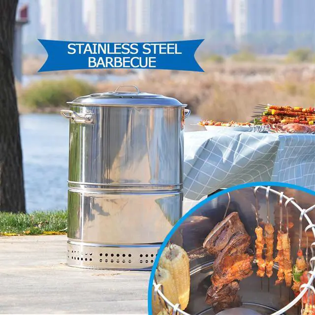 Alt view image 5 of 7 - Large Portable Charcoal Grills, Stainless Charcoal BBQ Grill Barrel 360° Smokeless Outdoor Barbecue Grill for Travel, Outdoor Cooking and BBQ, Camping Grill Picnic Patio Backyard