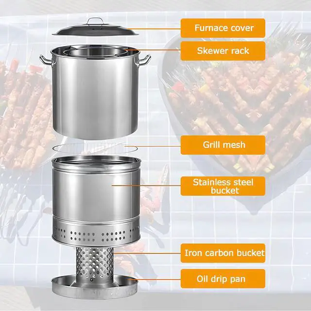 Alt view image 7 of 7 - Large Portable Charcoal Grills, Stainless Charcoal BBQ Grill Barrel 360° Smokeless Outdoor Barbecue Grill for Travel, Outdoor Cooking and BBQ, Camping Grill Picnic Patio Backyard
