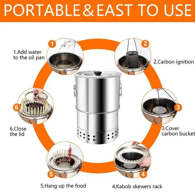 Alt view image 5 of 7 - Stainless Smokeless Charcoal Grills Surround Charcoal Barrel Grill 360° Smokeless Outdoor Barbecue Grill for Travel for Travel, Outdoor Cooking and BBQ, Camping Grill Picnic Patio Backyard