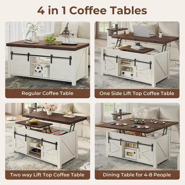 Alt view image 4 of 7 - Lift Top Coffee Table for Living Room with 4 Sliding Barn Doors, 4 in 1 Farmhouse Coffee Table with Adjustable Shelves and Hidden Storage Compartment, Converts to Dining Table (Brown White)