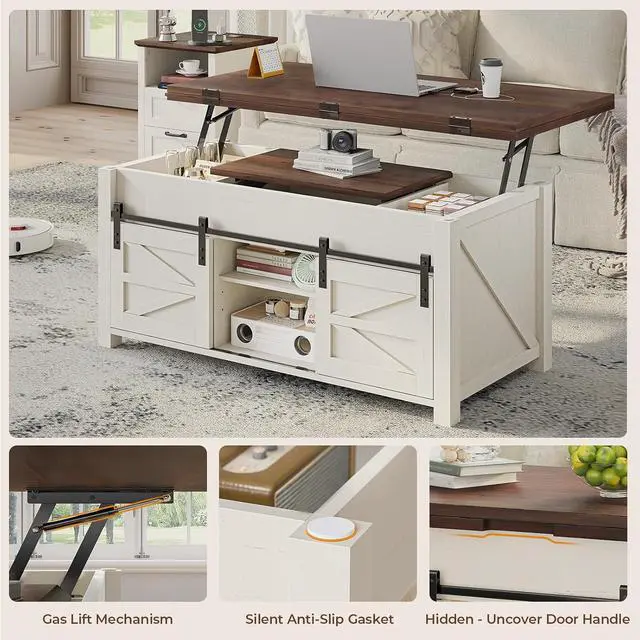 Alt view image 6 of 7 - Lift Top Coffee Table for Living Room with 4 Sliding Barn Doors, 4 in 1 Farmhouse Coffee Table with Adjustable Shelves and Hidden Storage Compartment, Converts to Dining Table (Brown White)