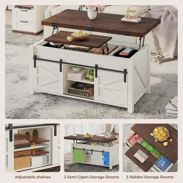 Alt view image 5 of 7 - Lift Top Coffee Table for Living Room with 4 Sliding Barn Doors, 4 in 1 Farmhouse Coffee Table with Adjustable Shelves and Hidden Storage Compartment, Converts to Dining Table (Brown White)